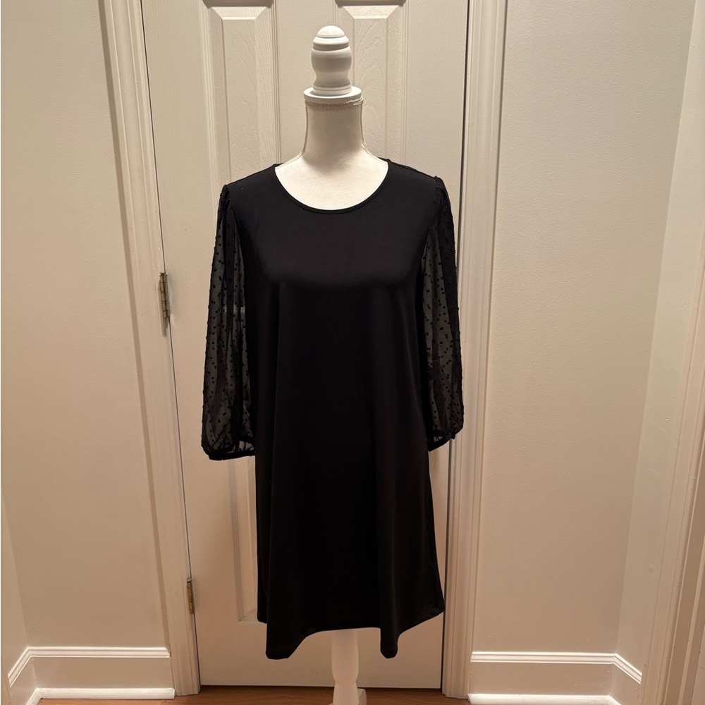 Adrianna Papell Black Sheer Dot Puff-Sleeve Shift Dress